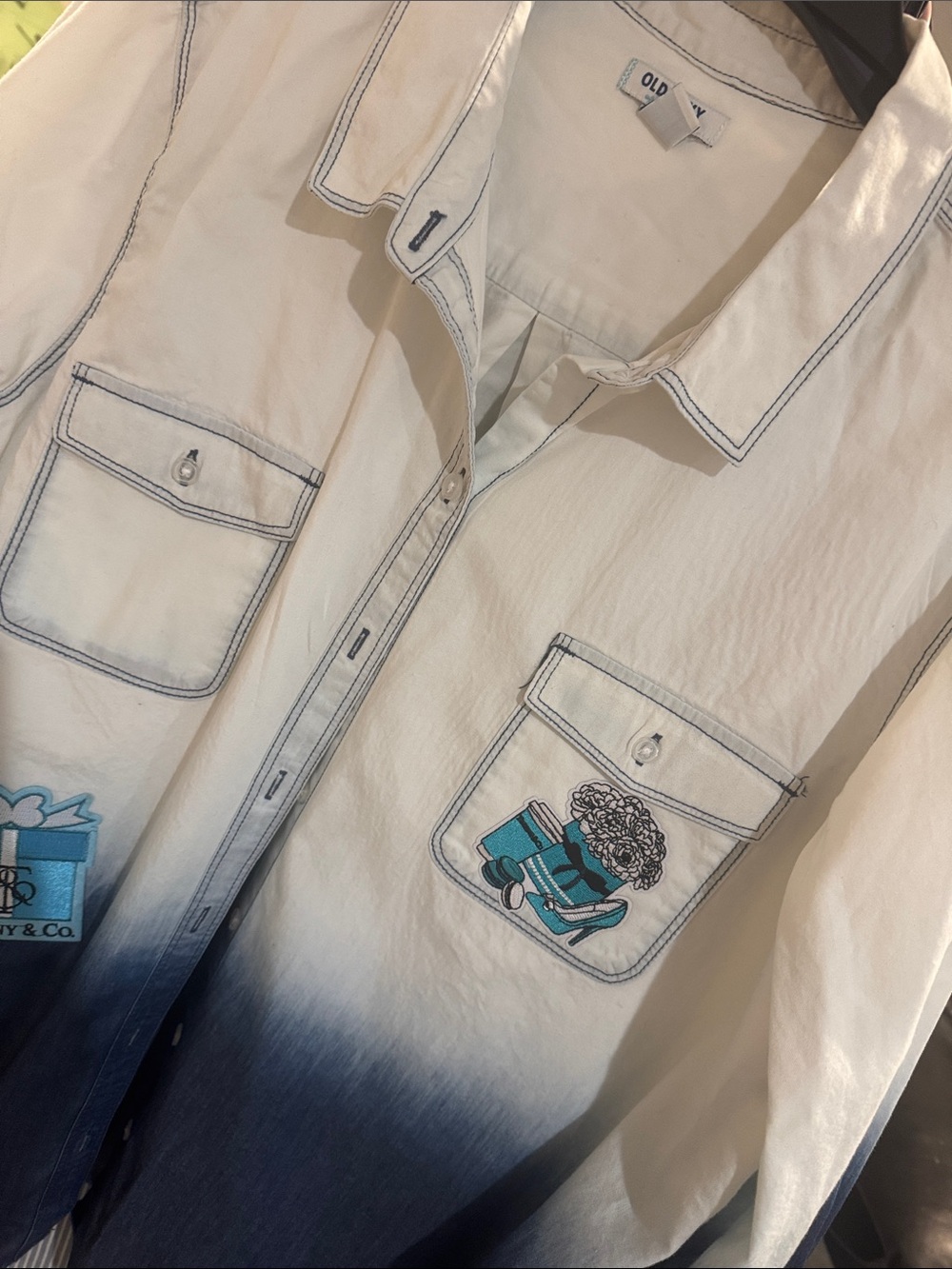 Ombre Dip-Dye Button-Up Shirt — White to Navy with Teal Accents with flowers